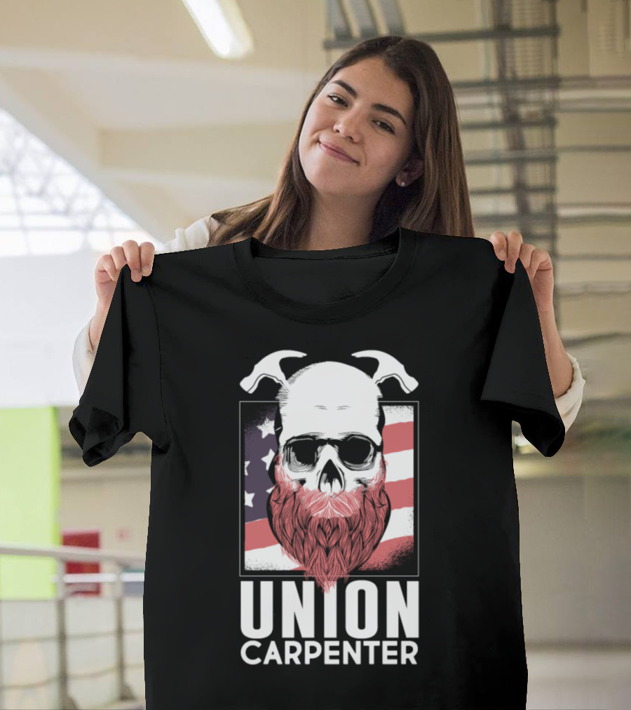Union Carpenter Skull with Beard and American Flag T-Shirt