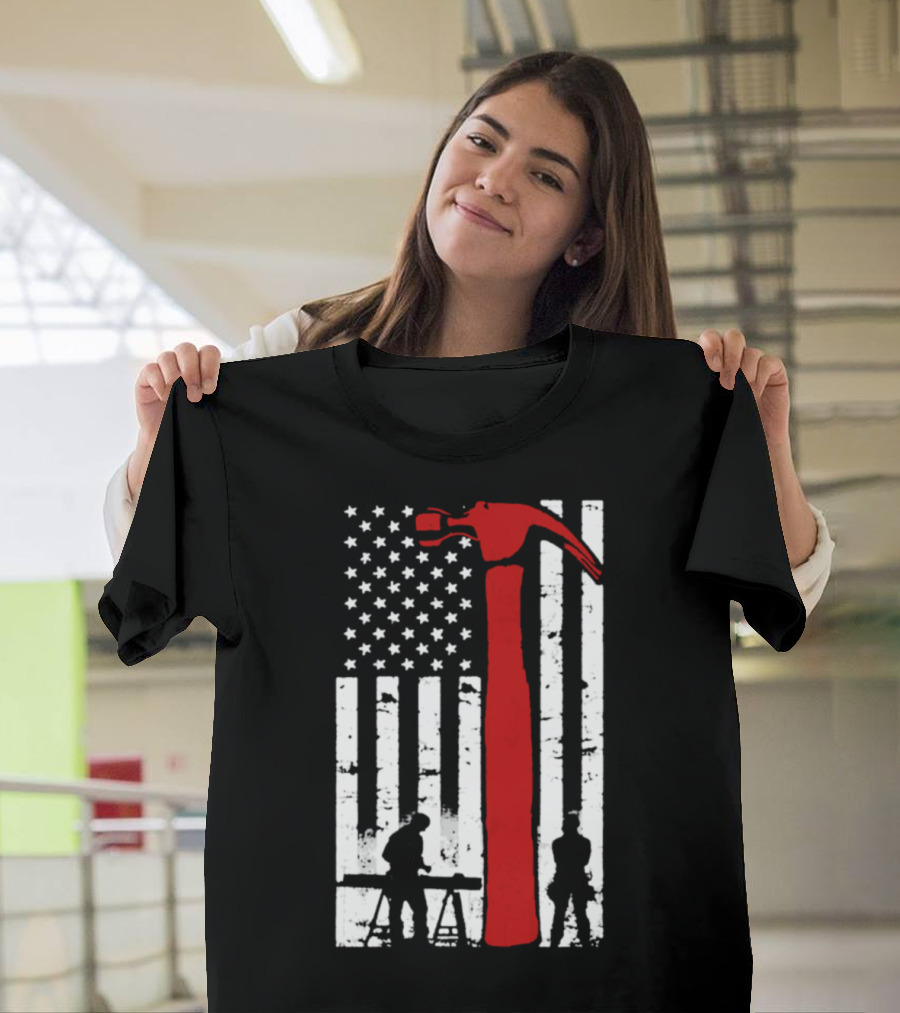 American Carpenter Hammer Silhouette Flag T-Shirt