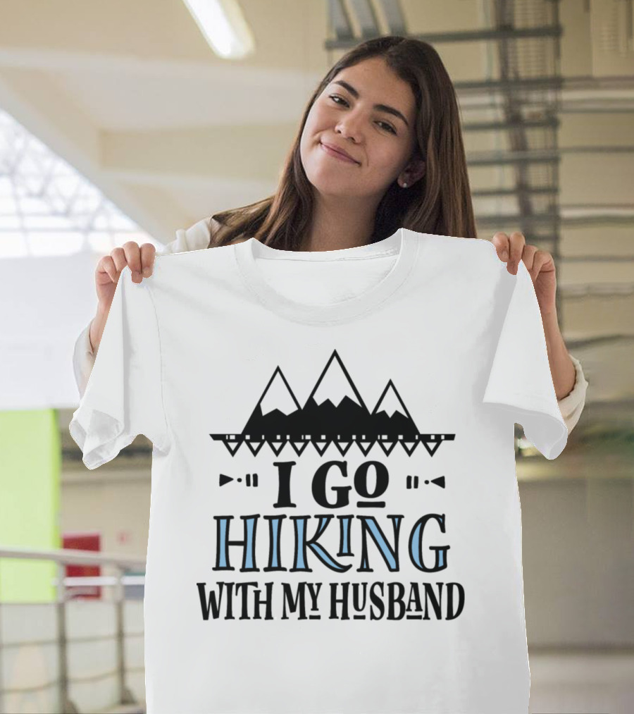 I Go Hiking With My Husband Mountain Motif T-Shirt