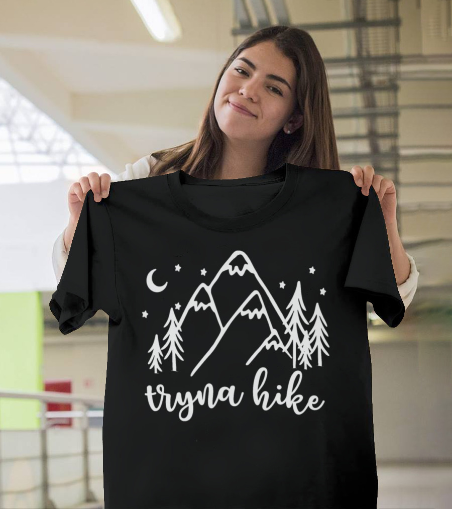 Tryna Hike Camping Hiking Mountains Moon Stars Trees T-Shirt