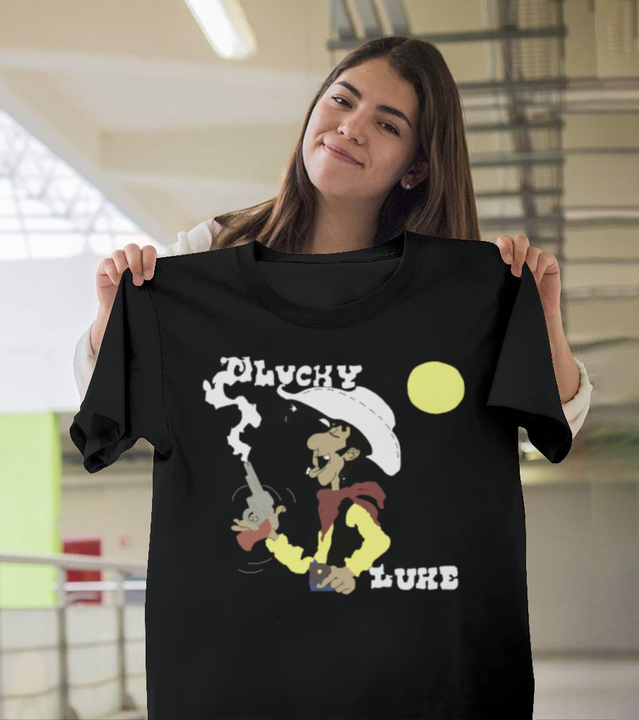 Lucky Luke Smoking Cowboy with Gun Under Yellow Sun T-Shirt