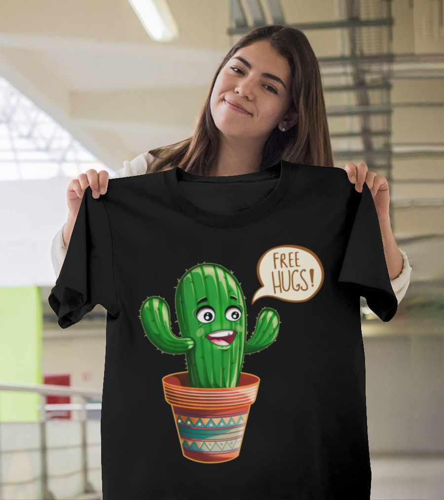 Free Hugs Cactus Cartoon in Decorative Pot T-Shirt