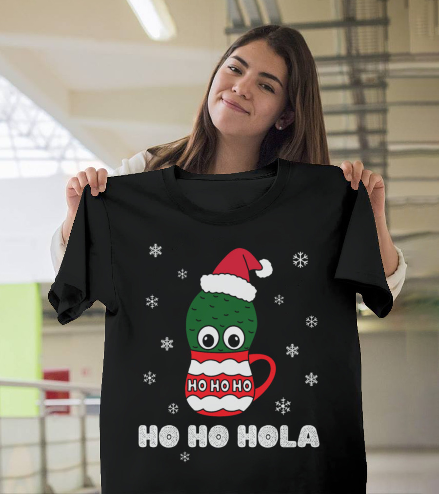 Ho Ho Hola Cactus With Santa Hat and Ho Ho Ho Mug Surrounded by Snowflakes T-Shirt