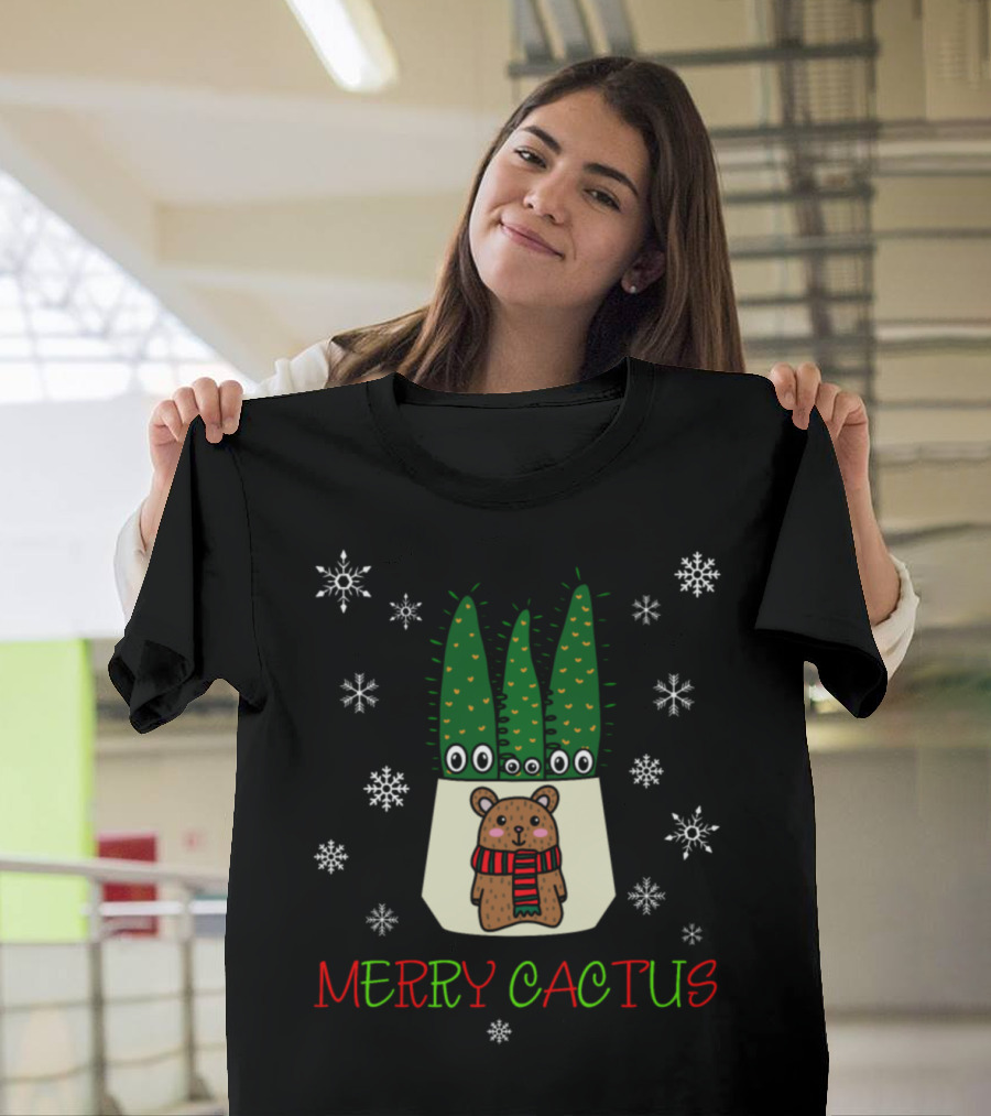 Merry Cactus Bear with Festive Cacti and Snowflakes T-Shirt