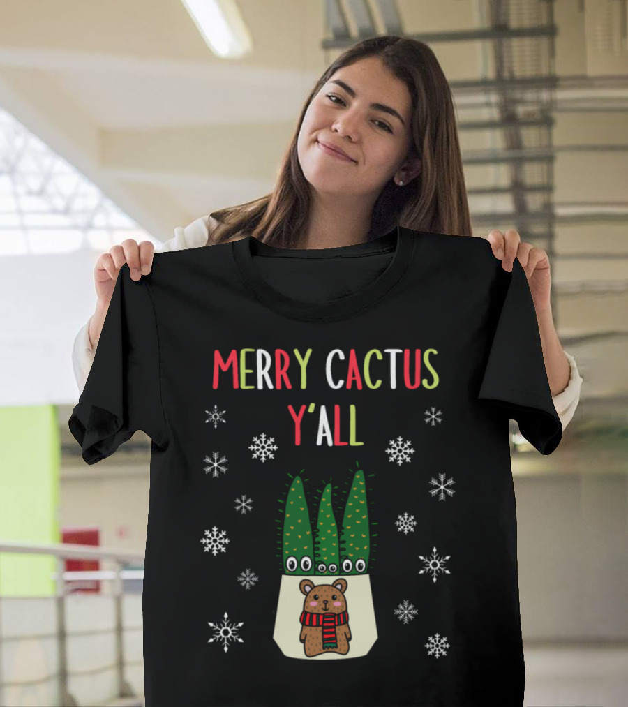 Merry Cactus Y'All Bear Cacti Snowflakes T-Shirt