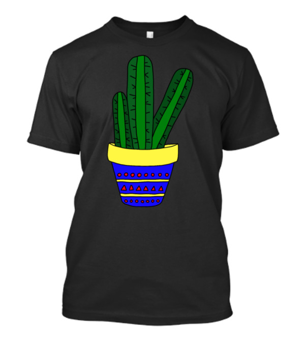 3 Simple Cacti In Colorful Pot With Geometric T-Shirt