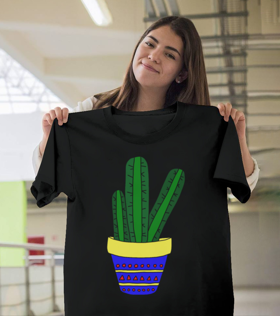 3 Simple Cacti in Colorful Pot with Geometric T-Shirt