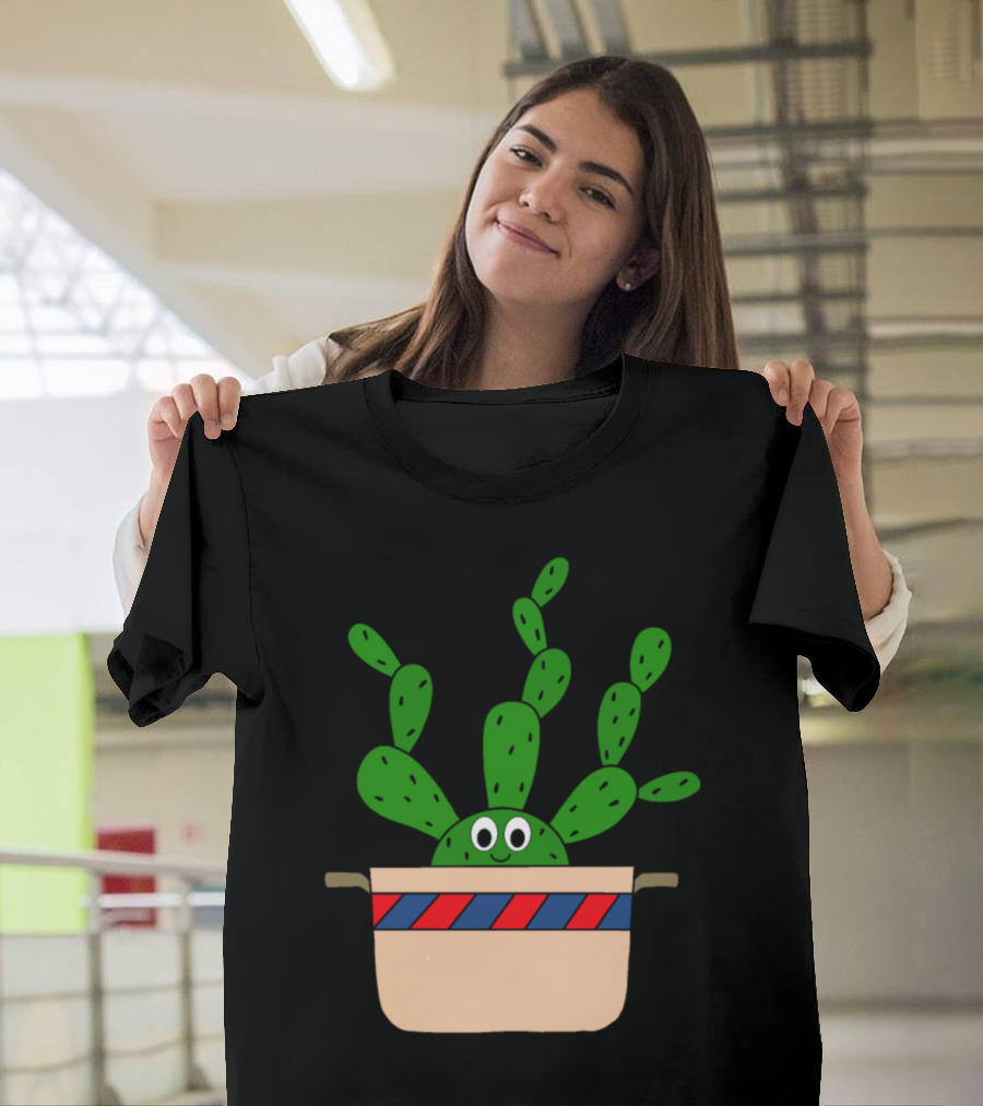 Beaver Tail Cactus in Smiling Old Pot with Red and Blue Stripes T-Shirt