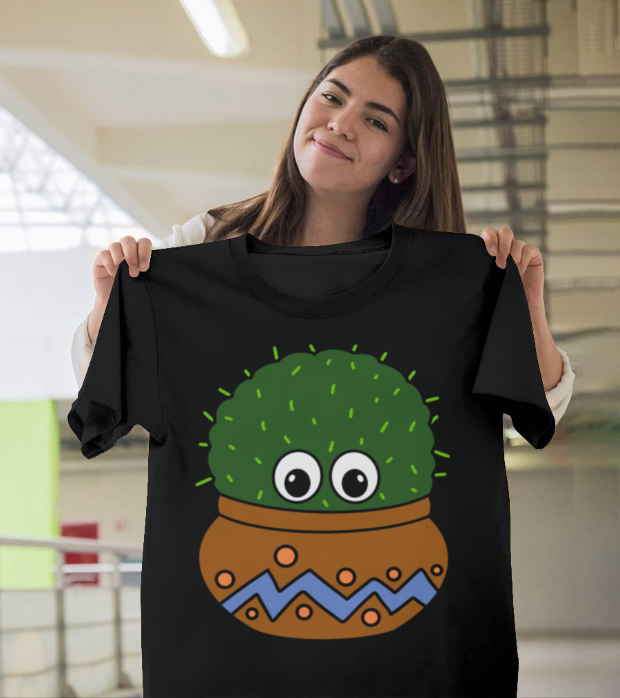 Big Eyed Round Cactus in Decorated Pot with Zigzag T-Shirt