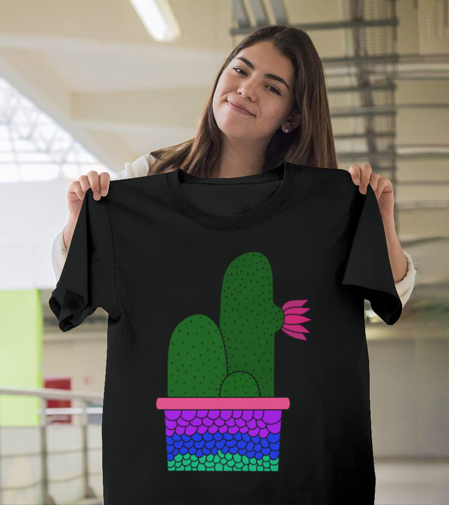 Cacti Cluster in Vibrant Mermaid Scale Planter with Pink Flower Bloom T-Shirt