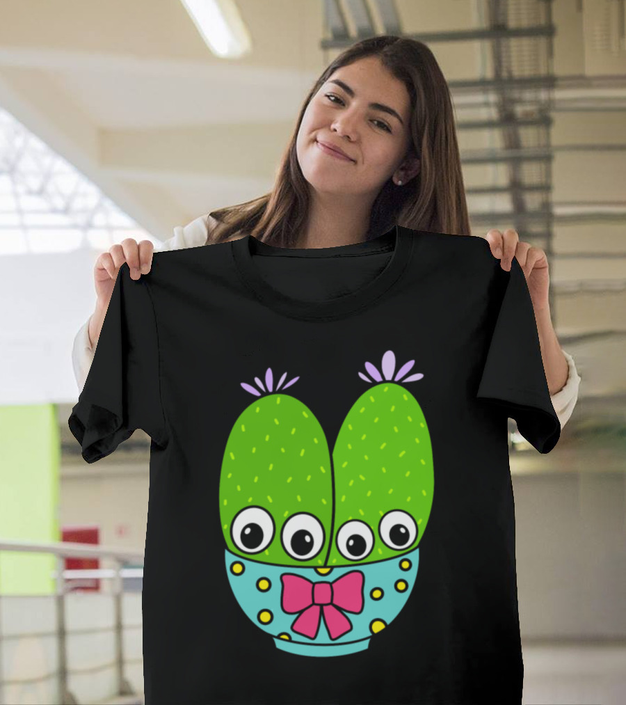 Cacti Couple with Eyeballs in Polka Dot Bow-Tied Bowl T-Shirt