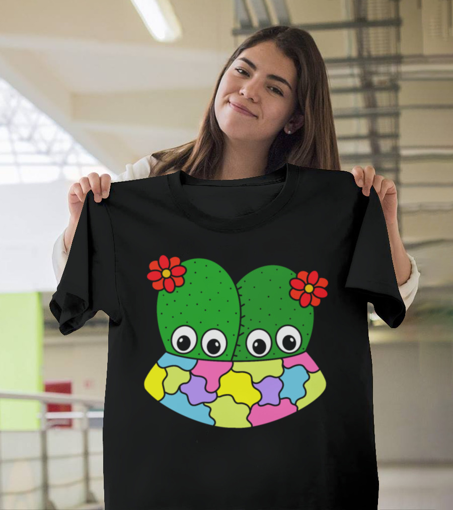 Cacti Couple with Flowers in Vibrant Patchwork Pot T-Shirt