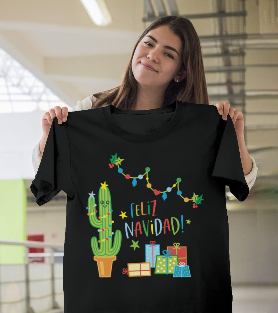 Feliz Navidad Cactus with Christmas Lights and Gifts T-Shirt