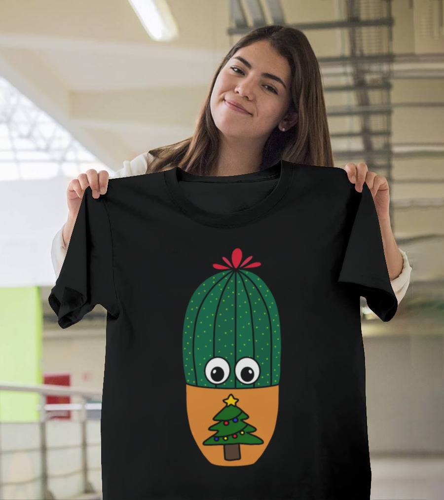 Cactus With Eyes in Holiday Tree Decorated Pot T-Shirt
