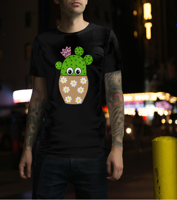 Cactus In Daisy Jar With Eyes And Pink Flower T-Shirt