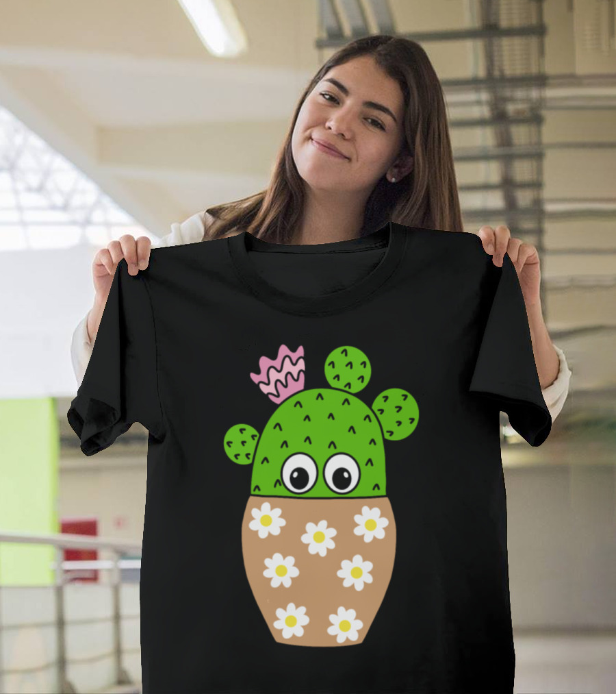 Cactus in Daisy Jar with Eyes and Pink Flower T-Shirt