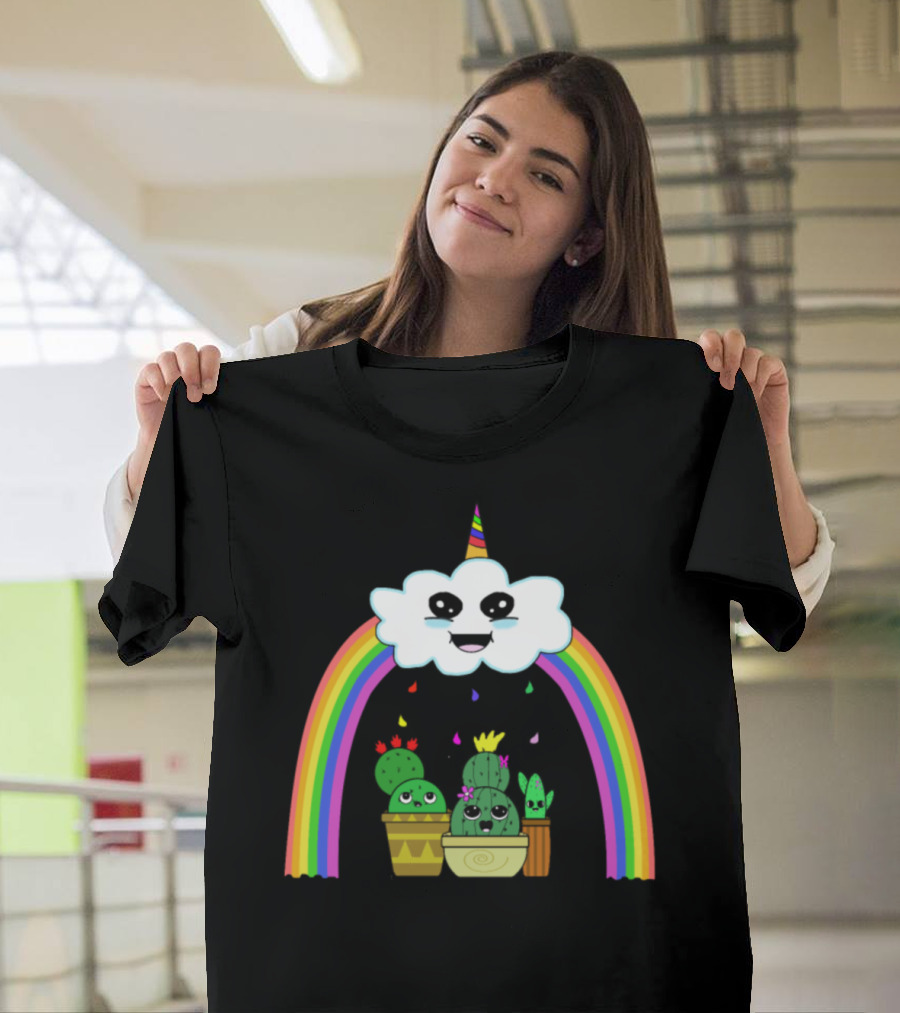 Cactus Rainbow Unicorn Cloud with Smiling Plants and Flowercontest T-Shirt