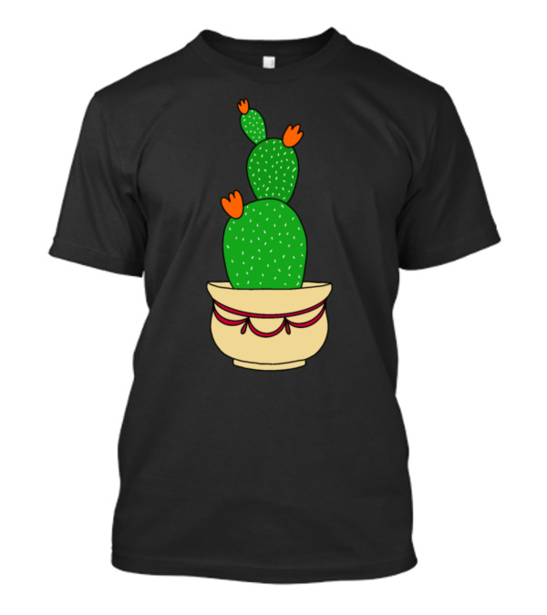 Cactus With Bright Orange Blooms In Decorative Pot T-Shirt