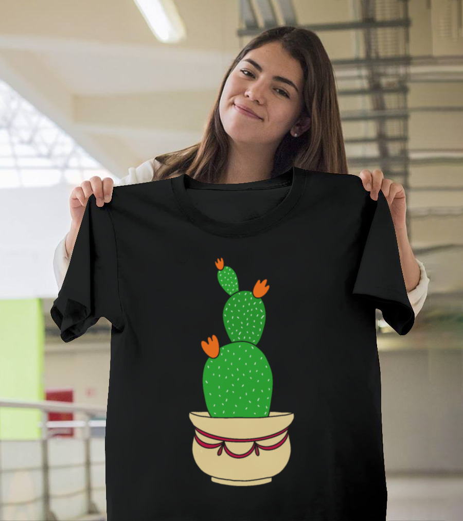 Cactus With Bright Orange Blooms In Decorative Pot T-Shirt