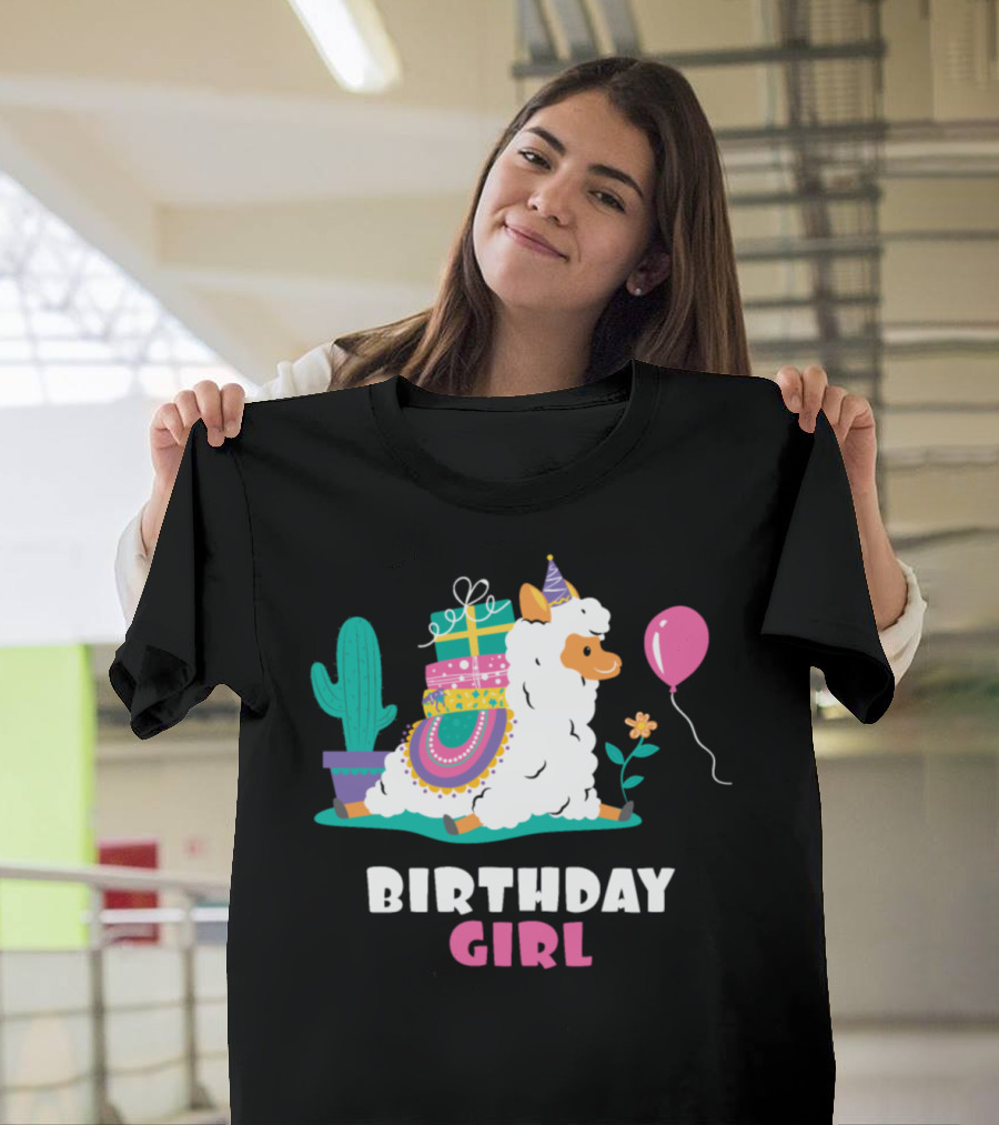 Birthday Girl Cool Cute Alpaca Llama Cactus Balloon T-Shirt