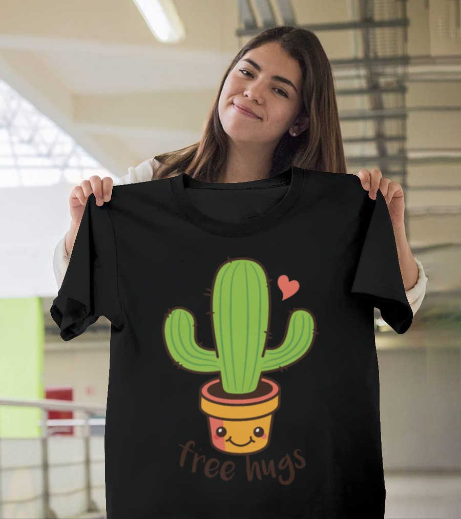Cute Cactus Cartoon Free Hugs Happy Heart Planter T-Shirt