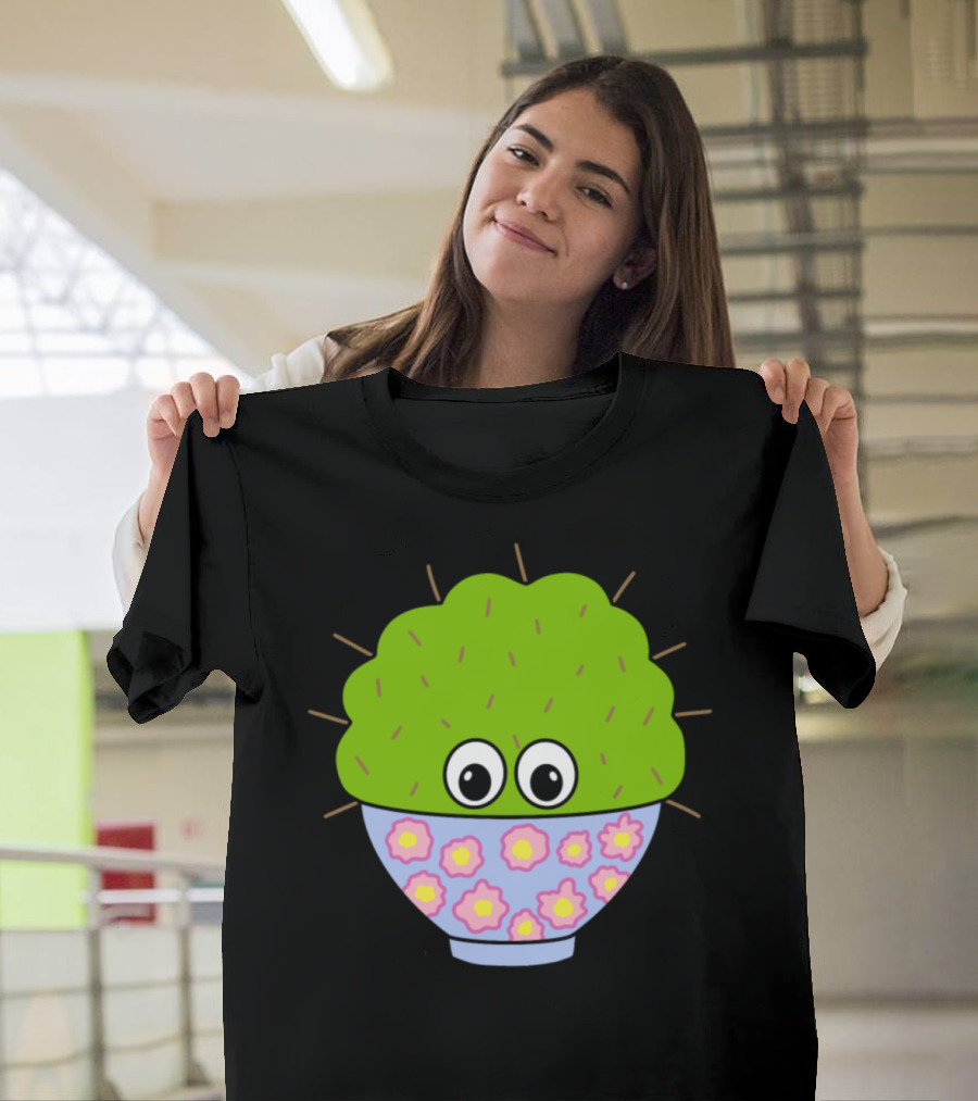 Cute Cactus with Eyes in Floral Patterned Pot T-Shirt