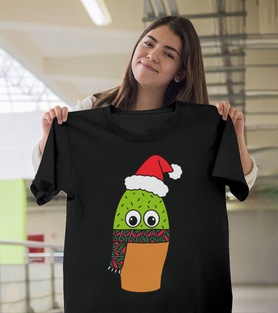 Cute Cactus with Santa Hat and Festive Christmas Scarf T-Shirt
