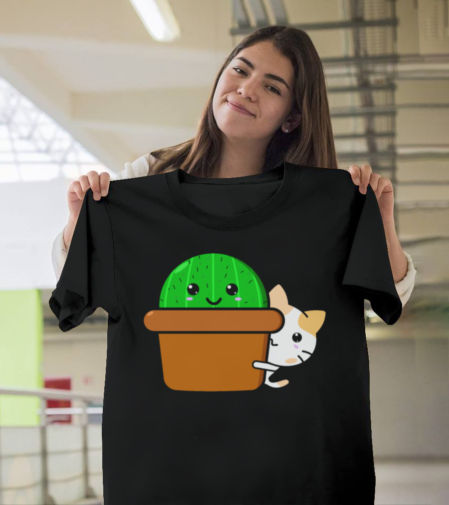 Kawaii Cat Peeking Behind Smiling Cactus in Pot T-Shirt