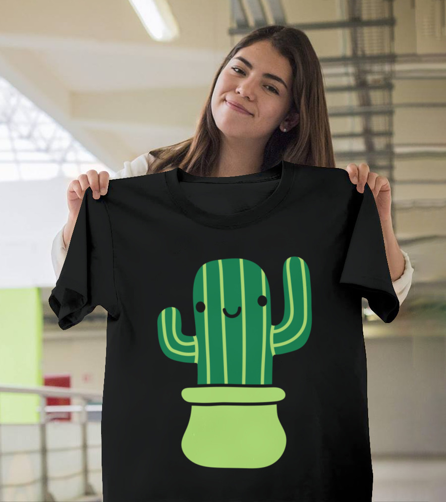 Cute Sweet Little Cactus With Striped Green Pattern and Smiling Face in Pot T-Shirt