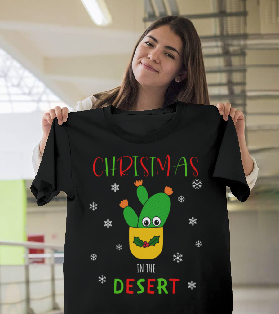 Christmas in the Desert Opuntia Microdasys Holiday Cactus with Snowflakes T-Shirt