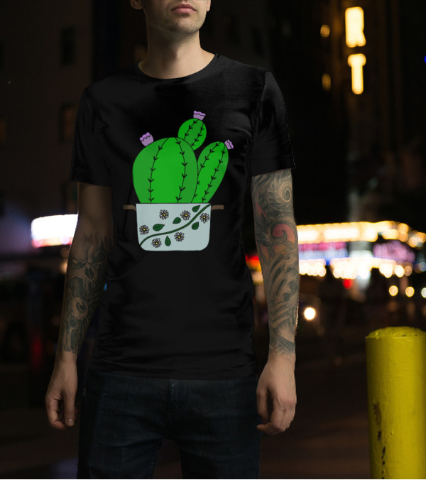 Echinocereus Cacti With Blooms Decorated Pot With Daisies T-Shirt