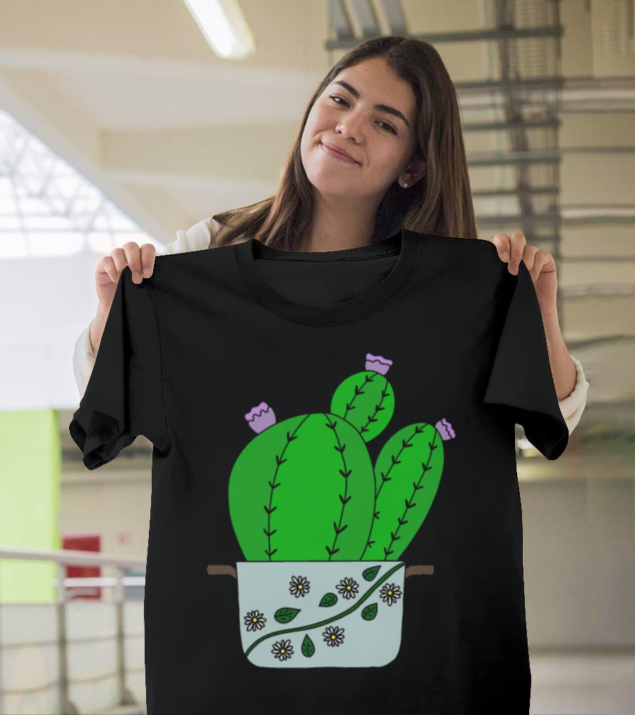 Echinocereus Cacti With Blooms Decorated Pot with Daisies T-Shirt