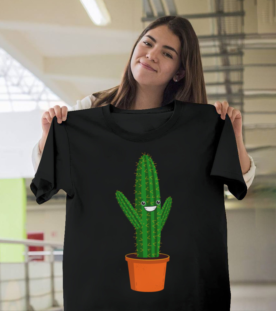 Funny Smiling Cartoon Cactus in Orange Pot T-Shirt