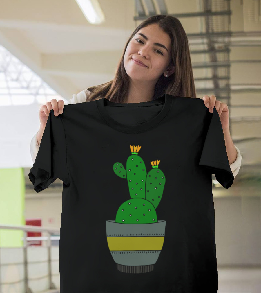 Green Cactus With White Dots in Striped Pot with Yellow Blooms T-Shirt