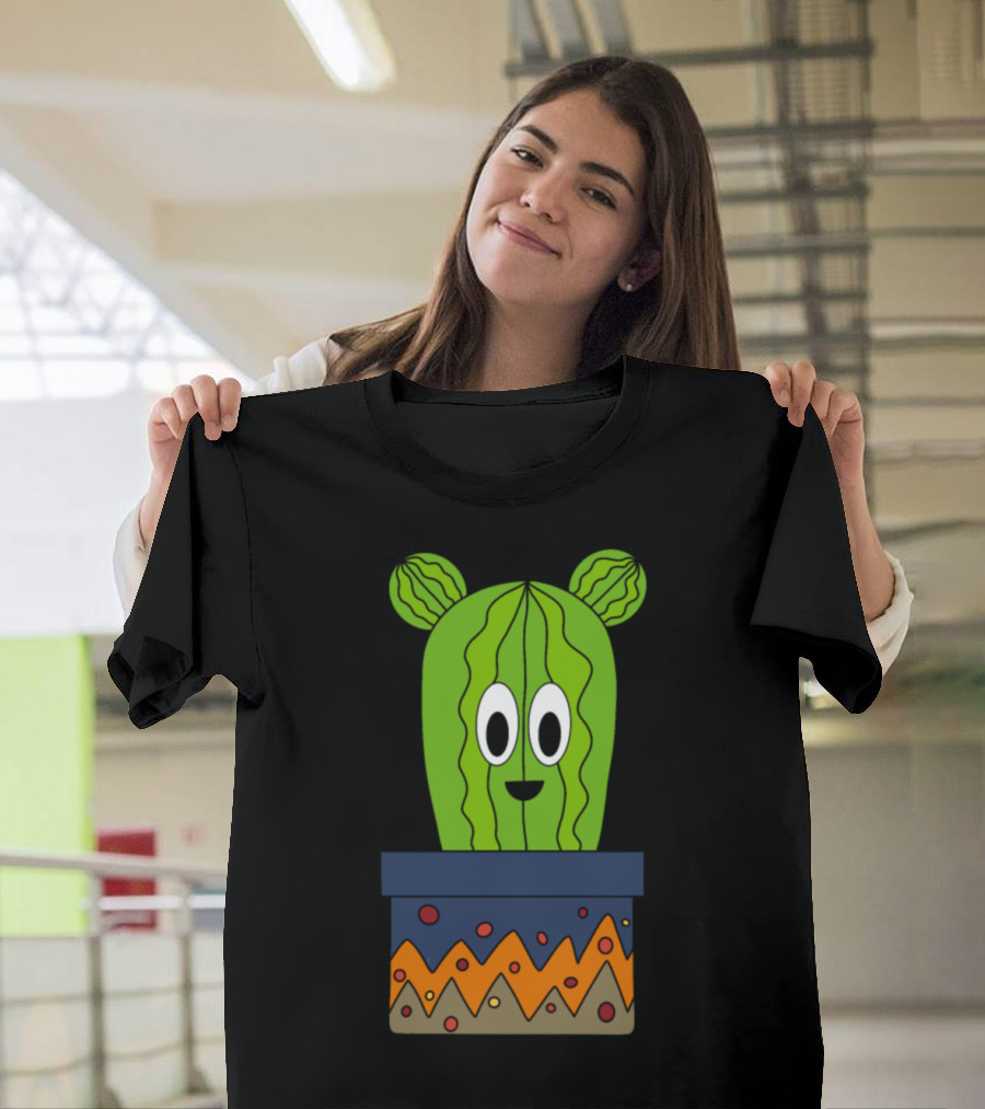 Happy Cactus With Bear Ears In Colorful Zigzag Pot T-Shirt