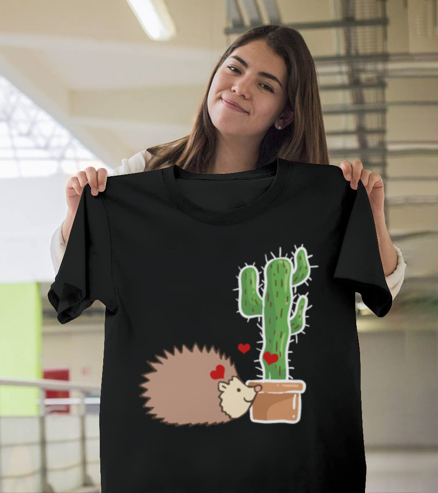 Hedgehog Loving Cactus Cute Animal Scene T-Shirt