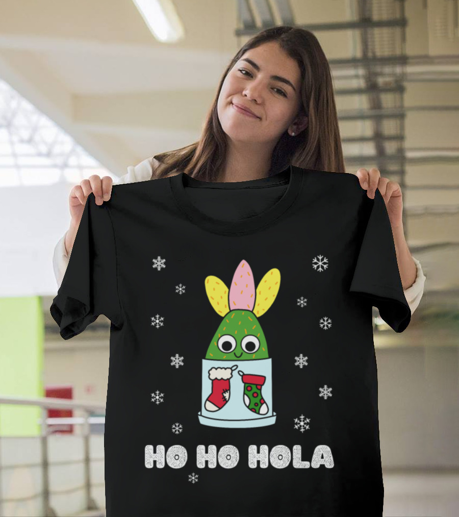 Ho Ho Hola Cactus in Christmas Pot with Snowflakes and Stockings T-Shirt