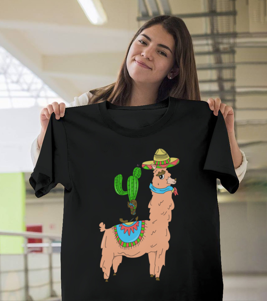 Llama Alpaca Mama with Sombrero and Cactus Boot Drama T-Shirt