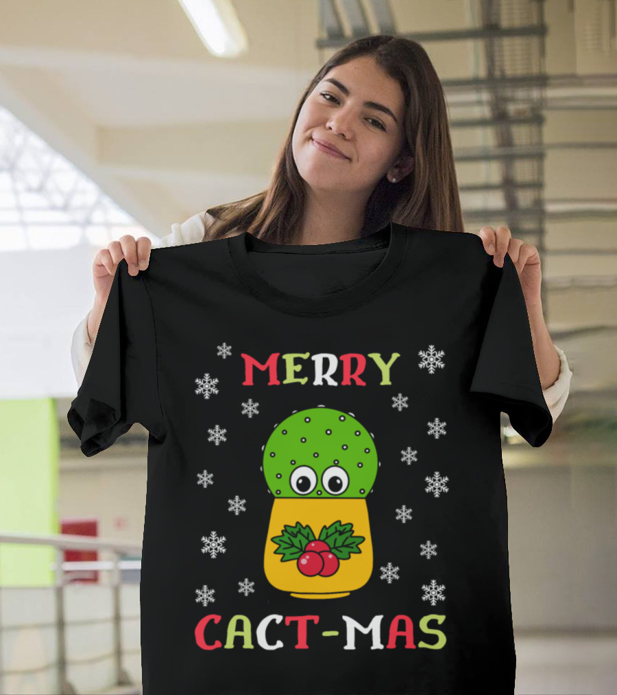 Merry Cact-Mas Cute Cactus with Christmas Holly and Snowflakes T-Shirt