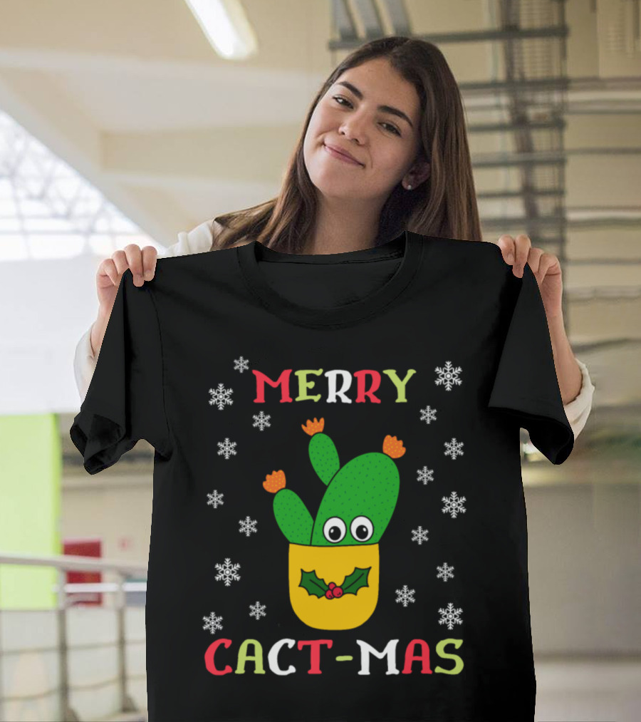 Merry Cact-Mas Opuntia Microdasys Cactus with Holly and Snowflakes T-Shirt