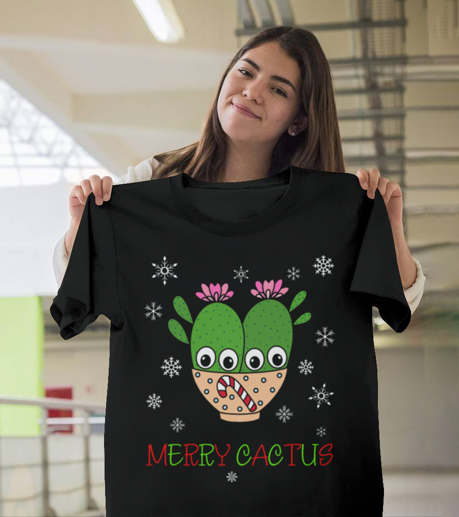 Merry Cactus Cacti Couple Snowflakes Christmas Candy Cane T-Shirt