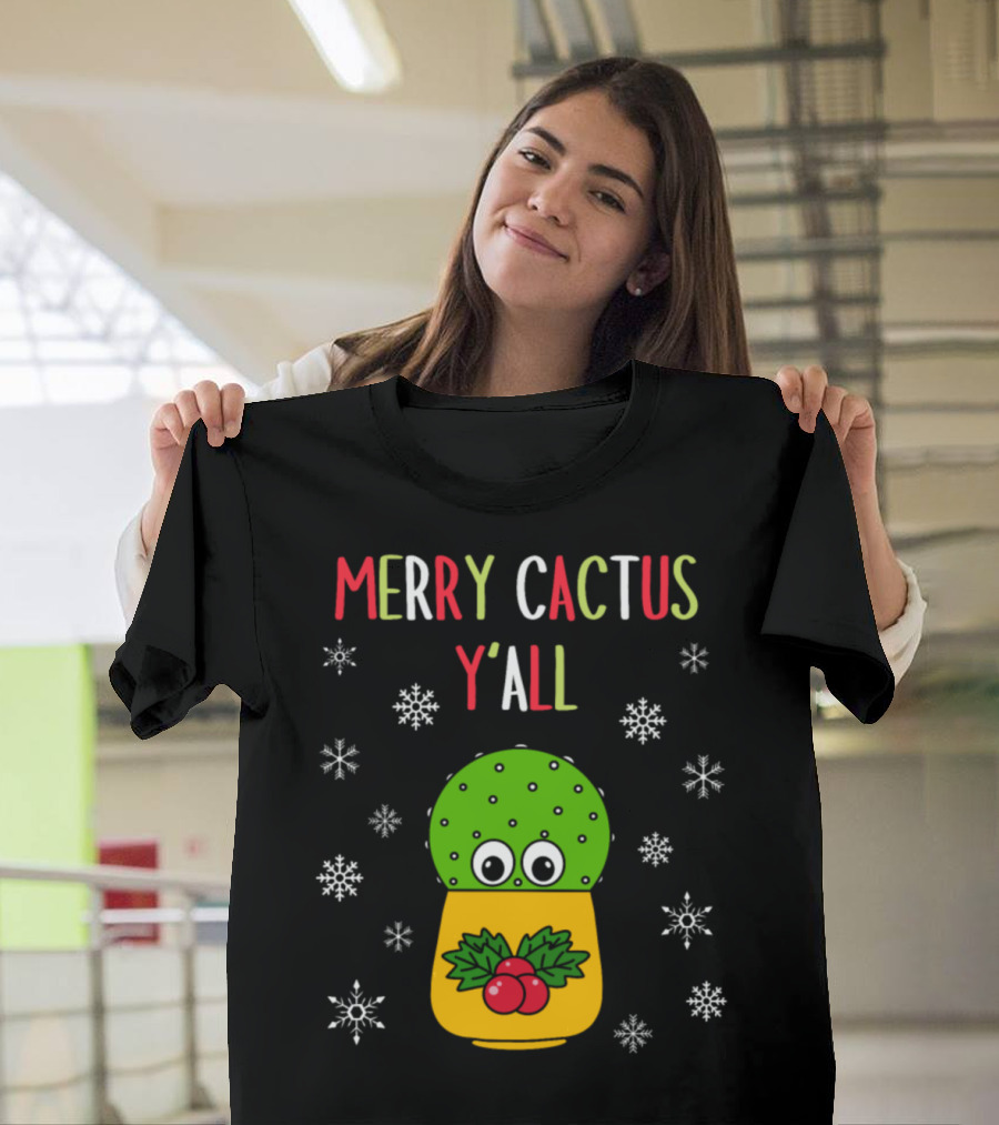 Merry Cactus Y'all Cute Cactus with Snowflakes T-Shirt