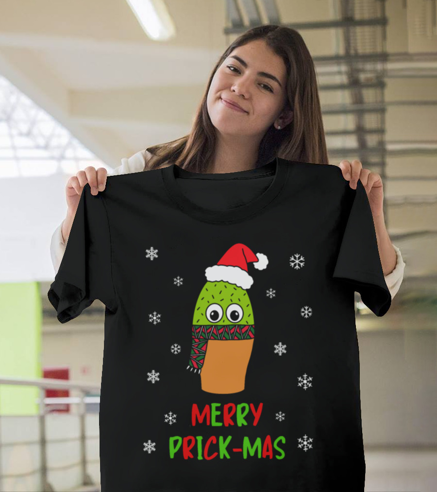 Merry Prick-Mas Cactus Santa Hat Snowflakes T-Shirt