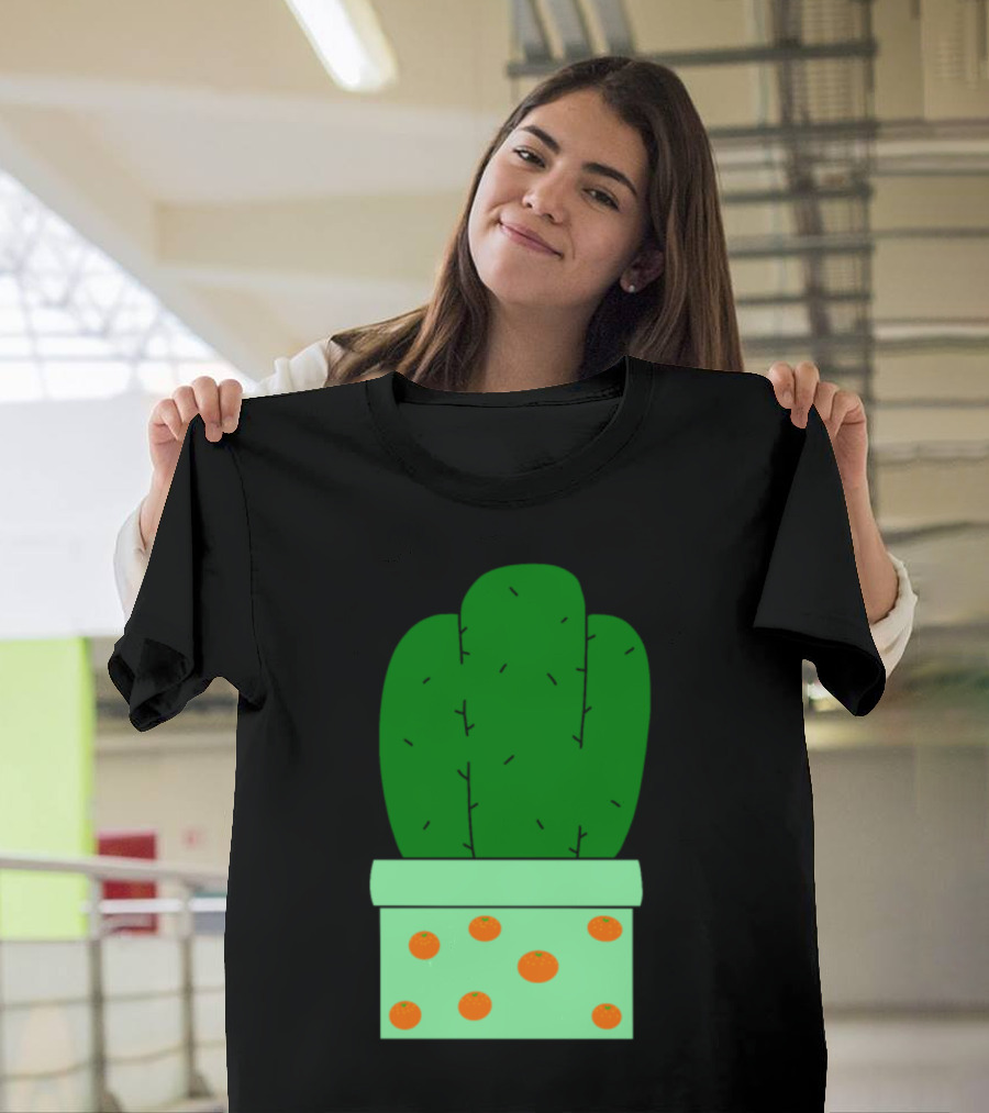 Orange Dotted Pot Green Cactus T-Shirt