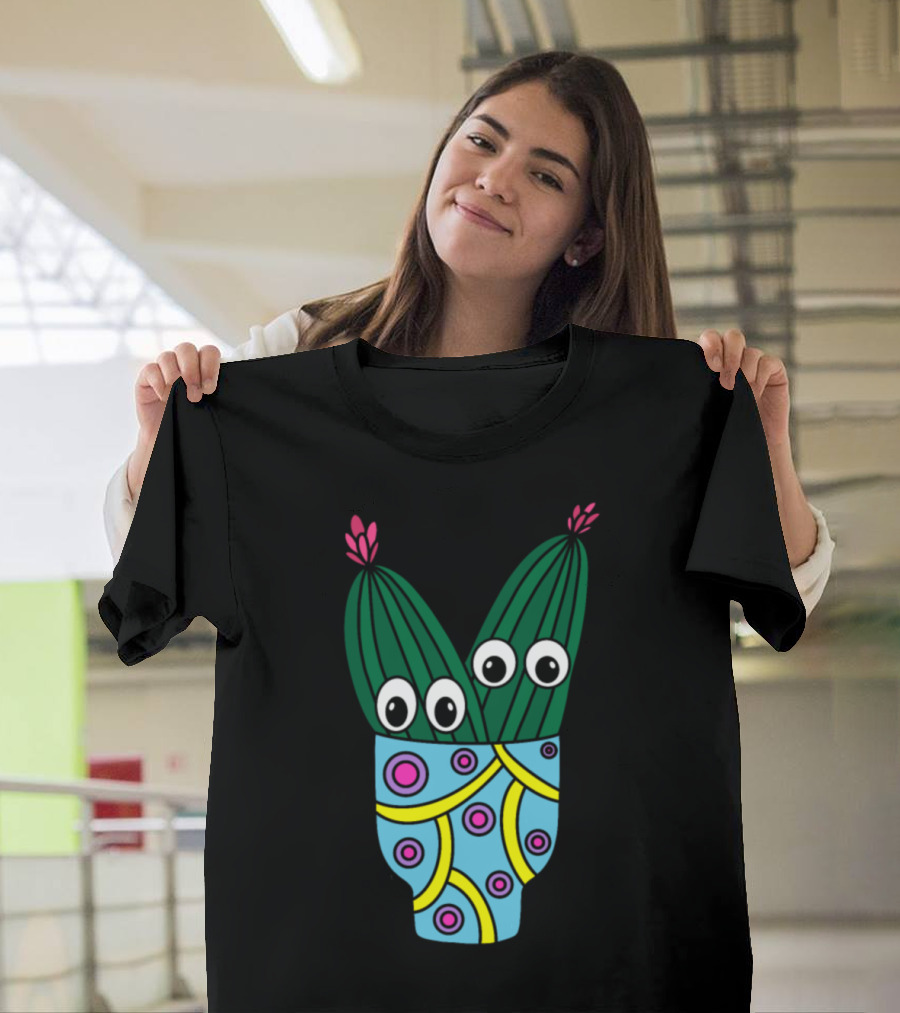 Potted Cacti with Eyes in Colorful Patterned Pot T-Shirt