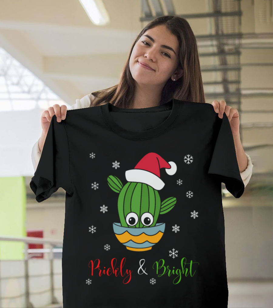 Prickly And Bright Cactus With A Santa Hat In Snowflakes T-Shirt