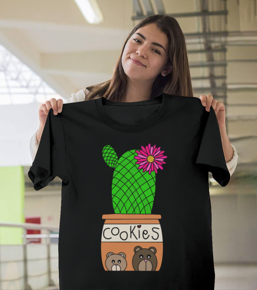 Rainbow Pincushion Cactus Bloom in Cookies Pot with Bear Faces T-Shirt