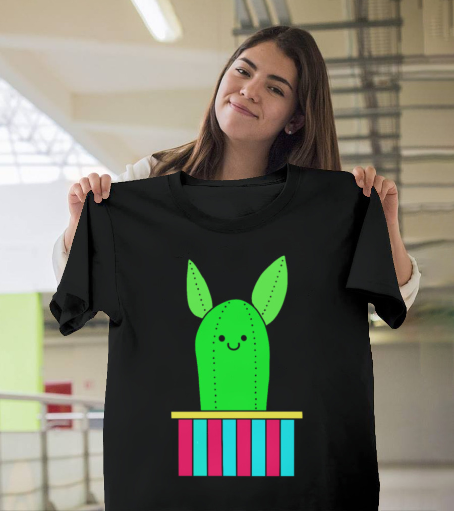 Smiling Cactus with Pointy Ears in Striped Pot T-Shirt
