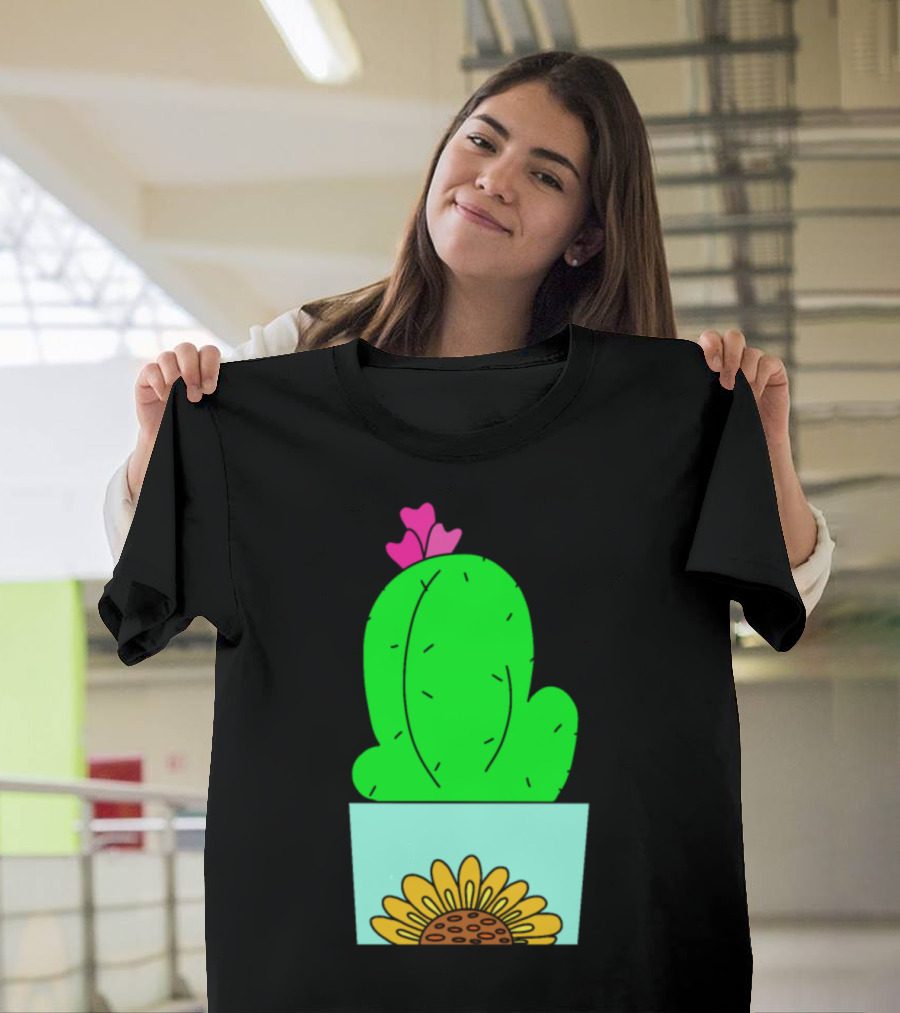 Sunflower Cactus Pot with Pink Hearts T-Shirt