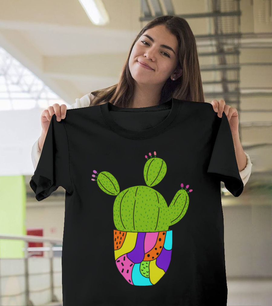 Super Colorful Cactus Pot with Vibrant Patterned Planter T-Shirt